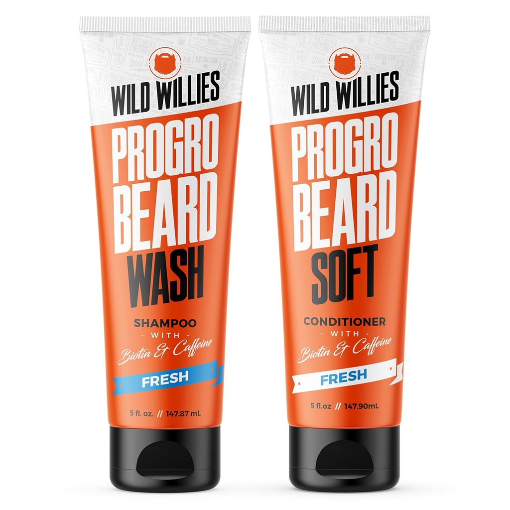 Wild Willies PROGRO Shamphod Shamperer and Conditioner Kit - foractified w / Caffeine & Biotin - Strengthening, Flake- Free, Moisturizing Beard Wash and Conditioner for Men, 2 x 5oz Tubes