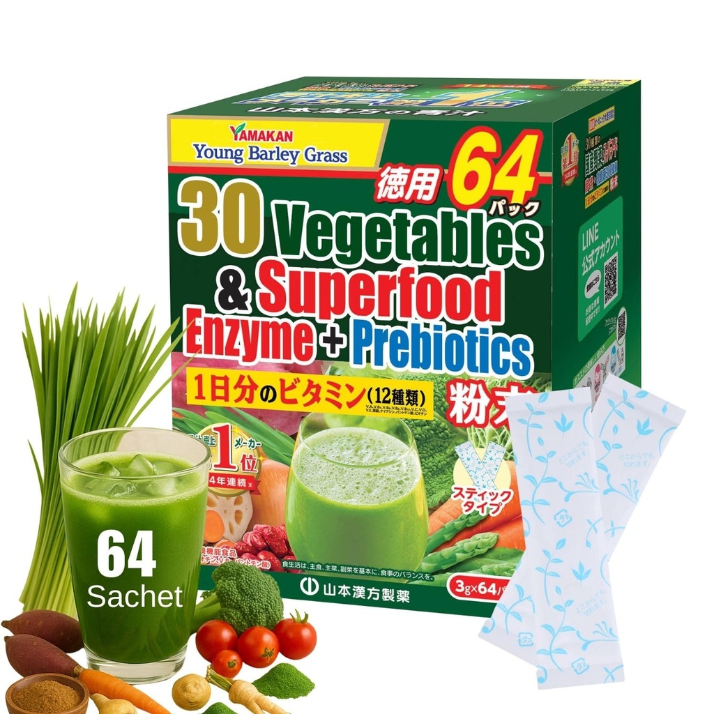 Yamamoto Kotoh YAMAKAN menyantap Powder Superfood dengan prebiotic Fiber & Enzymes untuk Divalry, 30 vegetarian & Young Barley Grass Blend from Japan, Gut Health for Women & Men, 64 Packets
