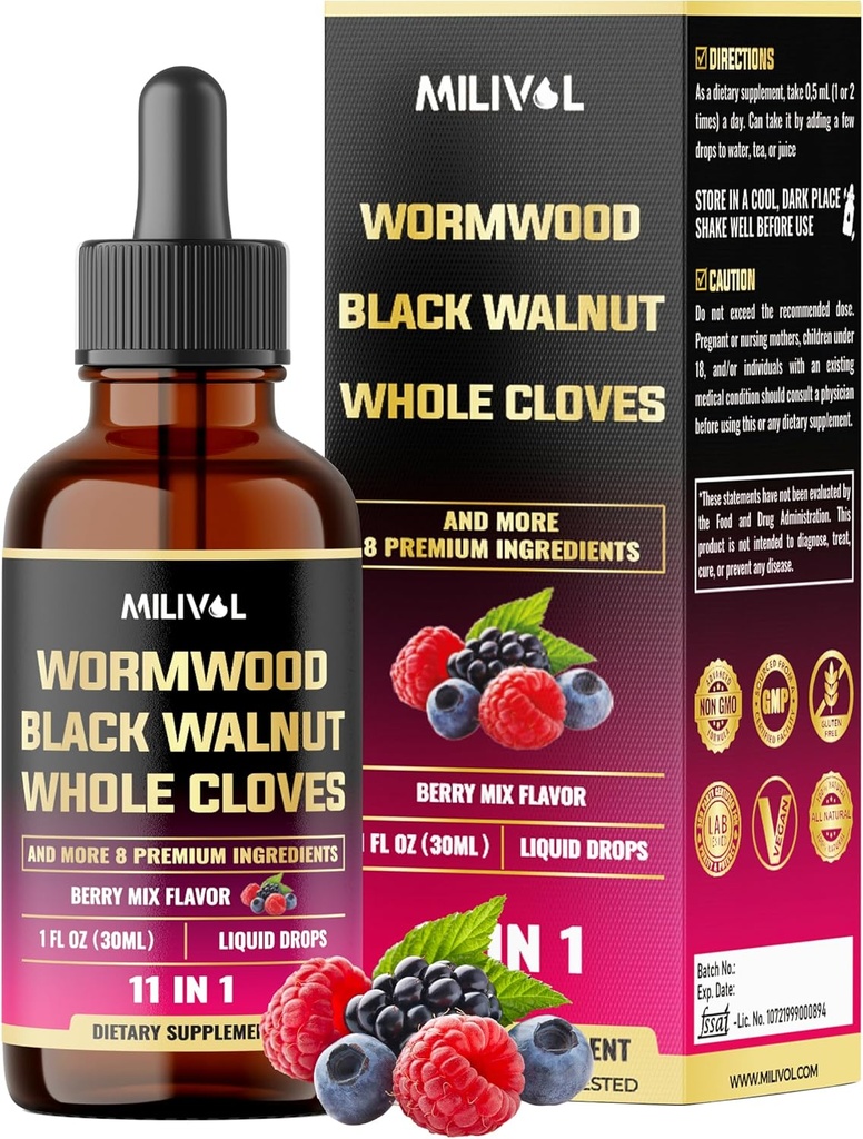 111 Black Walnut Wormwood Extract dengan Whole Cloves, Berberine dan 8 Bulan Tambahan - 1 Fl Oz - Berry Mix Flavor