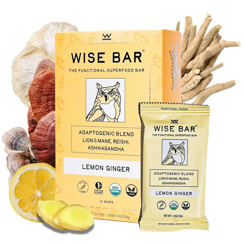 Wise Bar Adaptogen Mushroom Nutition Bar with Reishi, Lions Mane & Ashwagandha, Organic Vegan & Gluten Free Snack for Natural Focus, Energy & Imunity Dukungan, Lemon Ginger Flavor, 12 Count