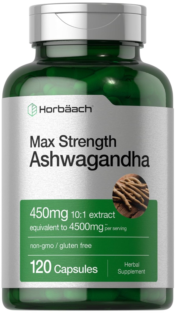 Tambahan Horbäach Ashwagandha = = 124; Max Power 124; 120 Capsules = = 124- GMO, Gluten Free = -