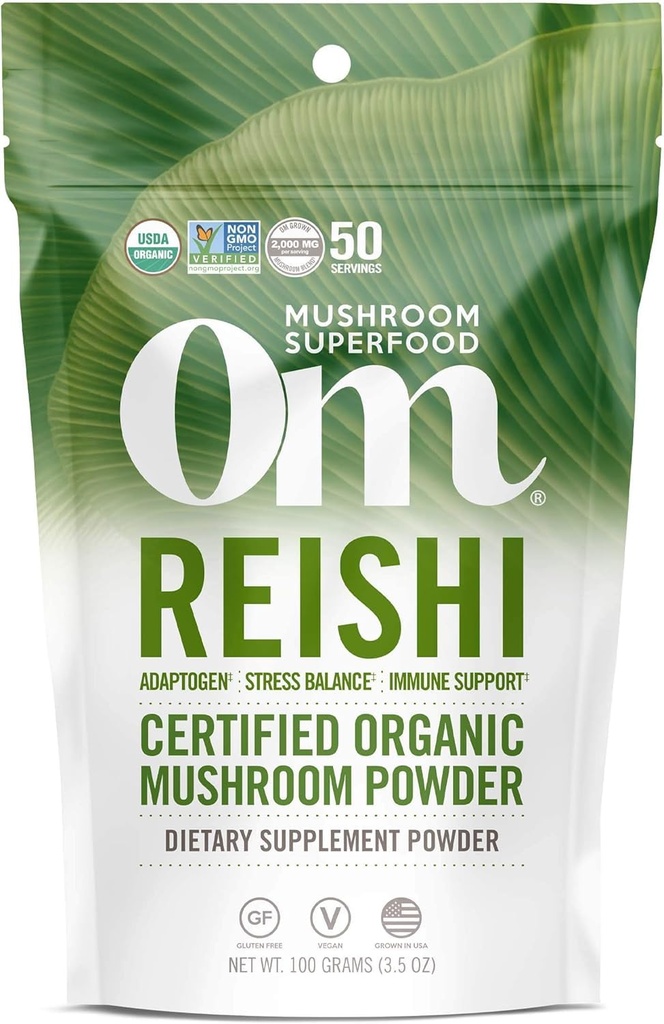 OM MUSHROOM SUPERFOOD Reishi Organic Jamur Powder, 3.5 Ounce, 50 Pelayan, Adaptogen, Stress & Imune Dukungan, Superfood Jamur Suplemen