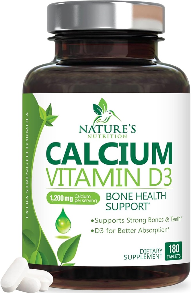 Tambahan Kalsium 1200 mg - dengan Vitamin D3 untuk Peledak Terbaik - Mendukung Kesehatan Ammune, Tulang & Gigi - Alam Kalsium Karbonate + 1600 IU dari D3 - Botol di AS untuk Perempuan & Pria - 180 Tablet