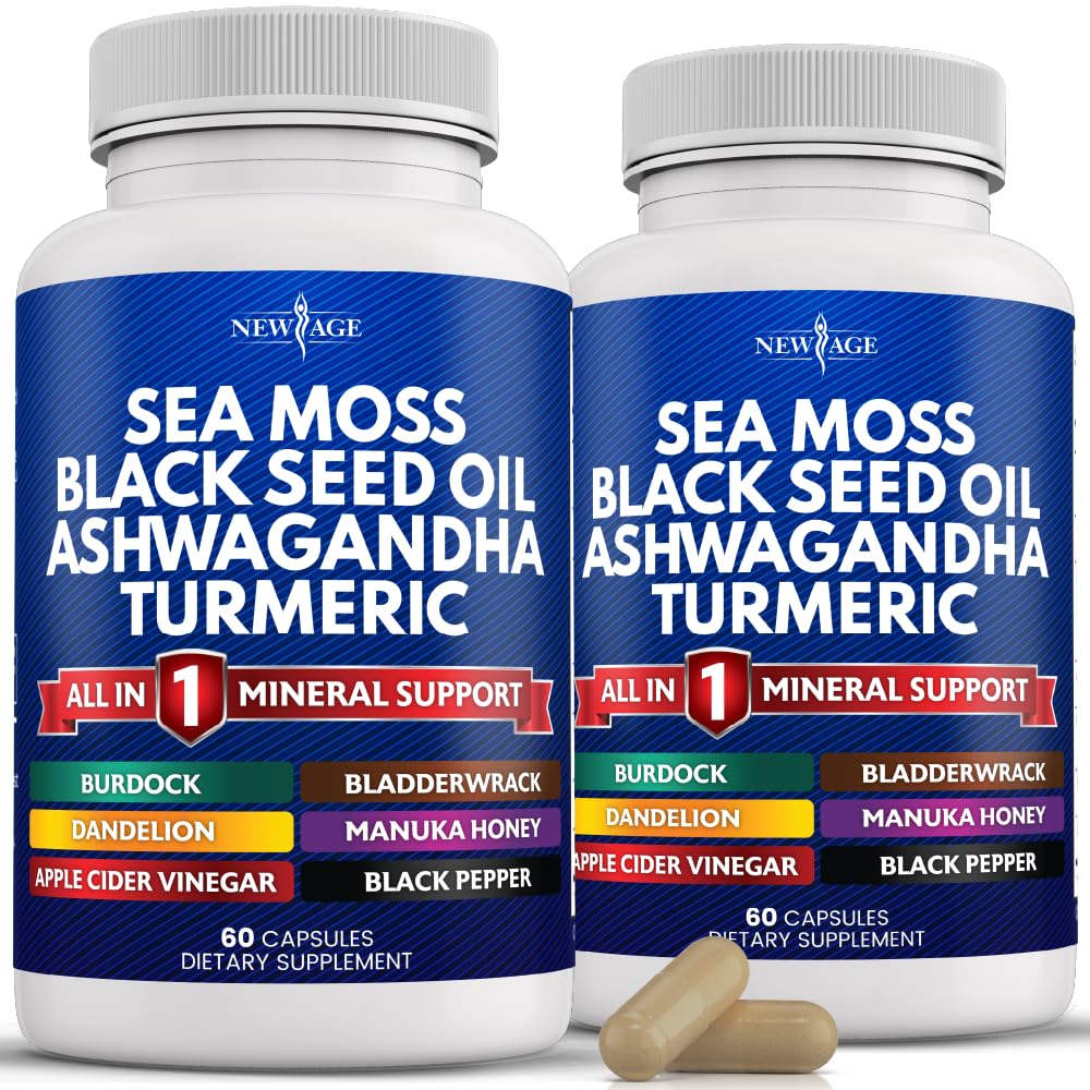 New Age Sea Moss Capsules Black Seed Oil Ashwagandha Turmeric Bladdercrack Burdock - dengan Manuka, Honey Dandelion, ACV Black Pepper Gluten Bebas
