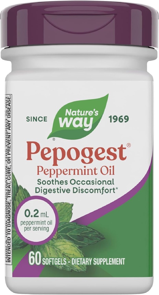 Nature 's Way Pepogest Peppermint Oil, Softgets Occational Gastraintestine Discomfort *, Entertaic Coatic Peppermint Oil Softgels, 60 Softgels (Packaging May Wary)