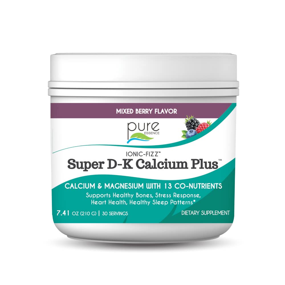 Ionic Fizz Super D-K Calcium Plus by Pure Essence - with Extra Magnesium, Vitamin D3, Vitamin K2 for Strong Bones and Stress Dukung - Mixed Berry - 7.41oz
