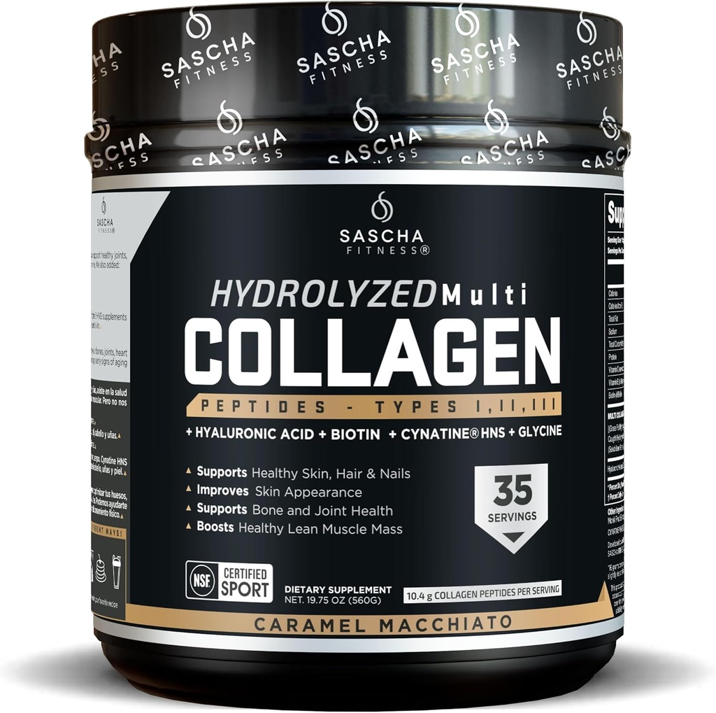 SASCHA FITNESS Hydrolyzed Multi Collagen Peptides 1.2 & 3 Amper4; Hyaluronic Acid 124; Biotin 124; Syaratine HSN 124; Vitamin C & E & E 124; untuk Hairs, Skin & Bone Duck 124; Caramel Macchiato