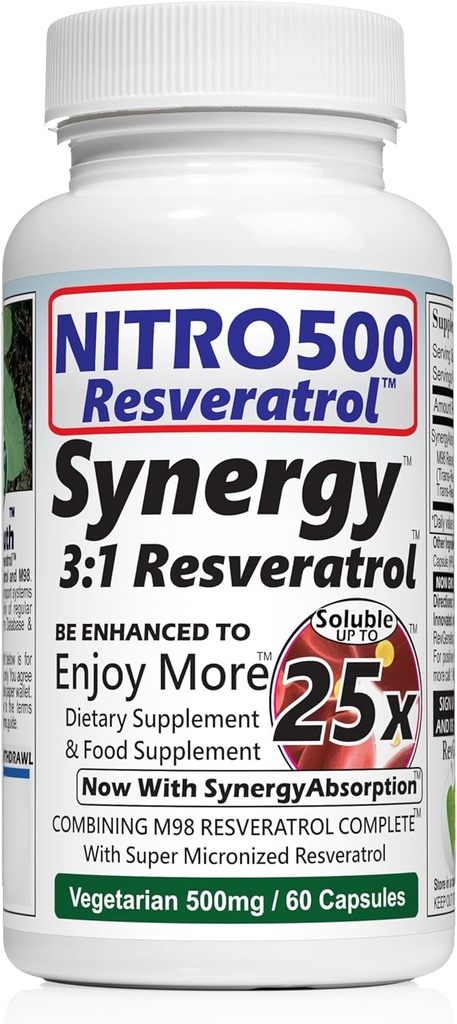 Nitro Synergy Resveratrol (Nitro500) dengan hingga 25x Solubility - 60 Vegetarian Capsules - 30 pelayan - 500 mg per Serving