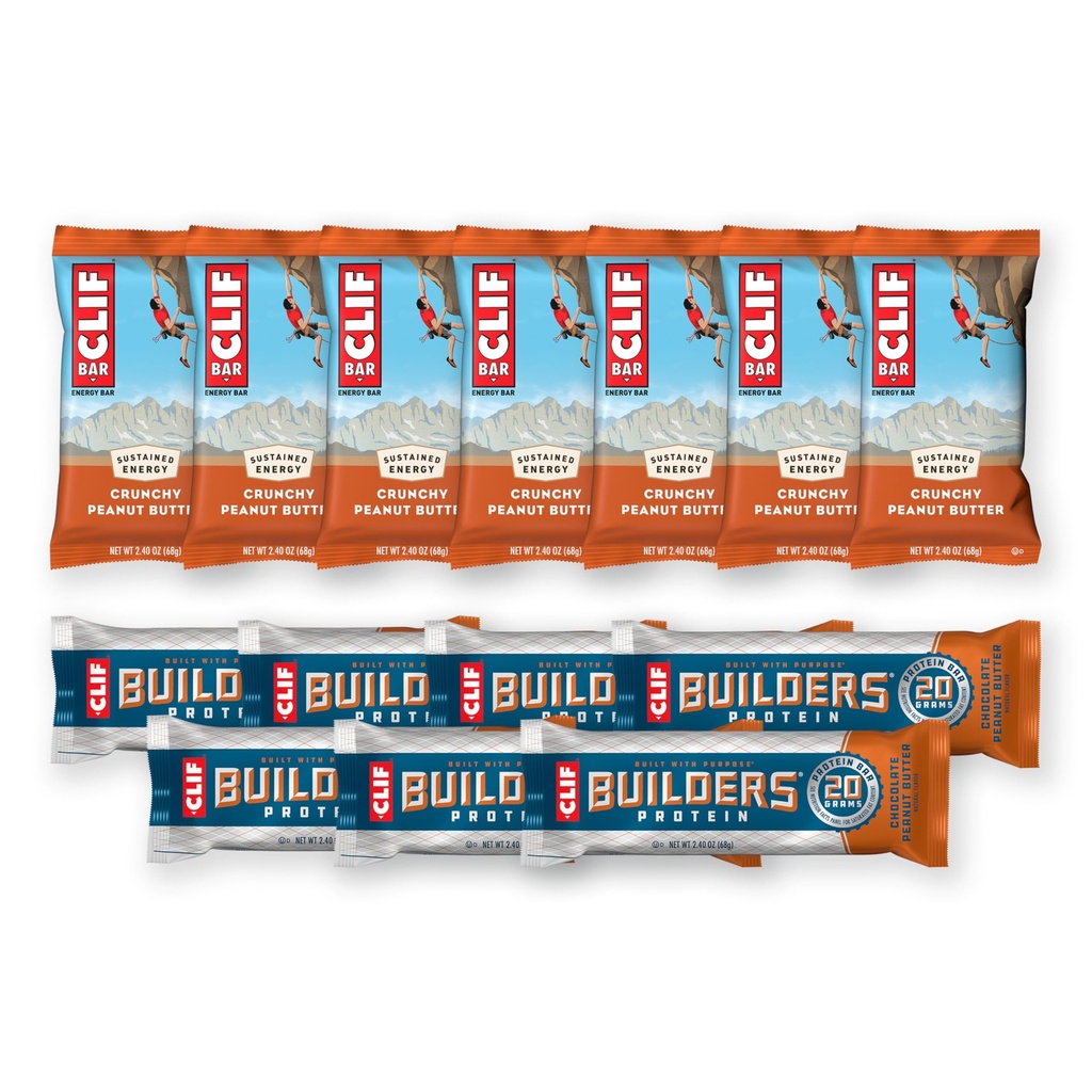 CLIF BAR dan CLIF Builders - Variety Pack - Crunchy Peanut Butter and Chocolate Peanut Butter - Energy Bars and Protein - Non-GMO - Plant Based - 2.4 oz (14 Count)