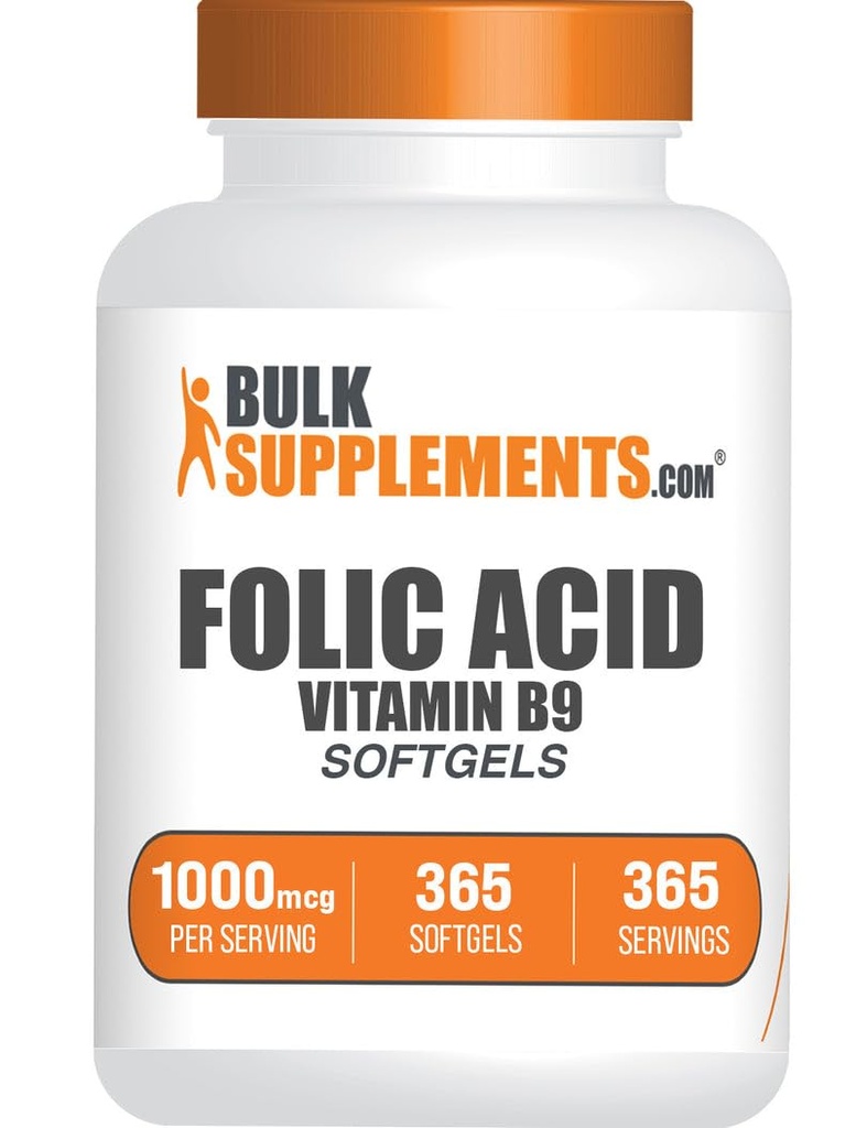 BulkSuplements.com Folic Acid Softgels - Vitamin B9, Folic Acid 1000 mcg, Flile Suplement - Gluten Free, 1 Softgel per Serving, 365 Count (Pack of 1)