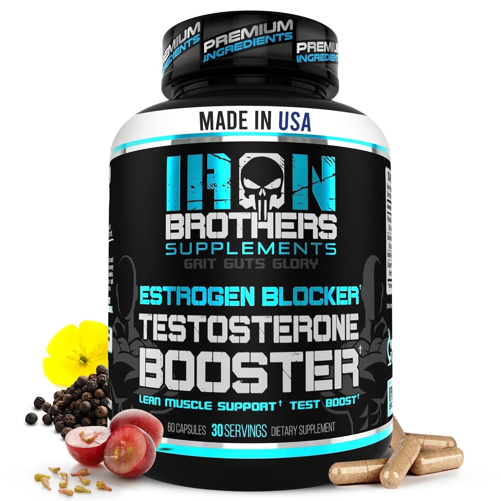 Suplemen Iron Brothers Testosteron Booster untuk Men with Estrogen Blocker - Anti- Estrogen Dietary Suplemen - Grape Benih & Tribulus Terrestris - Paket 60 Capsules