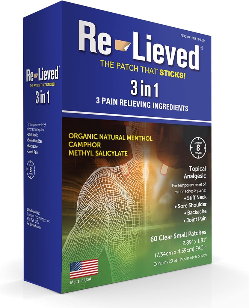Relieed 3-in- 1 Patches - Organic Natural Menthol, Kamper dan Methyl Salicylate - Superior Sticking Clear Pain Patch - Aluminum- Free, Resistan Air dan USA Membuat - 60 Count