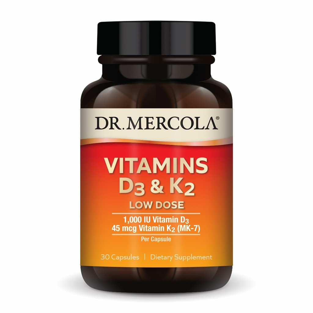 Dr. Mercola Vitamin D3 dan K2 Low Dose - Mempertahankan Vitamin D Levels - Mendukung Kesehatan Immune & Bone - MenaQ7 Chickpea- Sourced K2 - Non-GMO, Gluten- Free & Soy- Free - 30 Capsules (30 Pelayan)