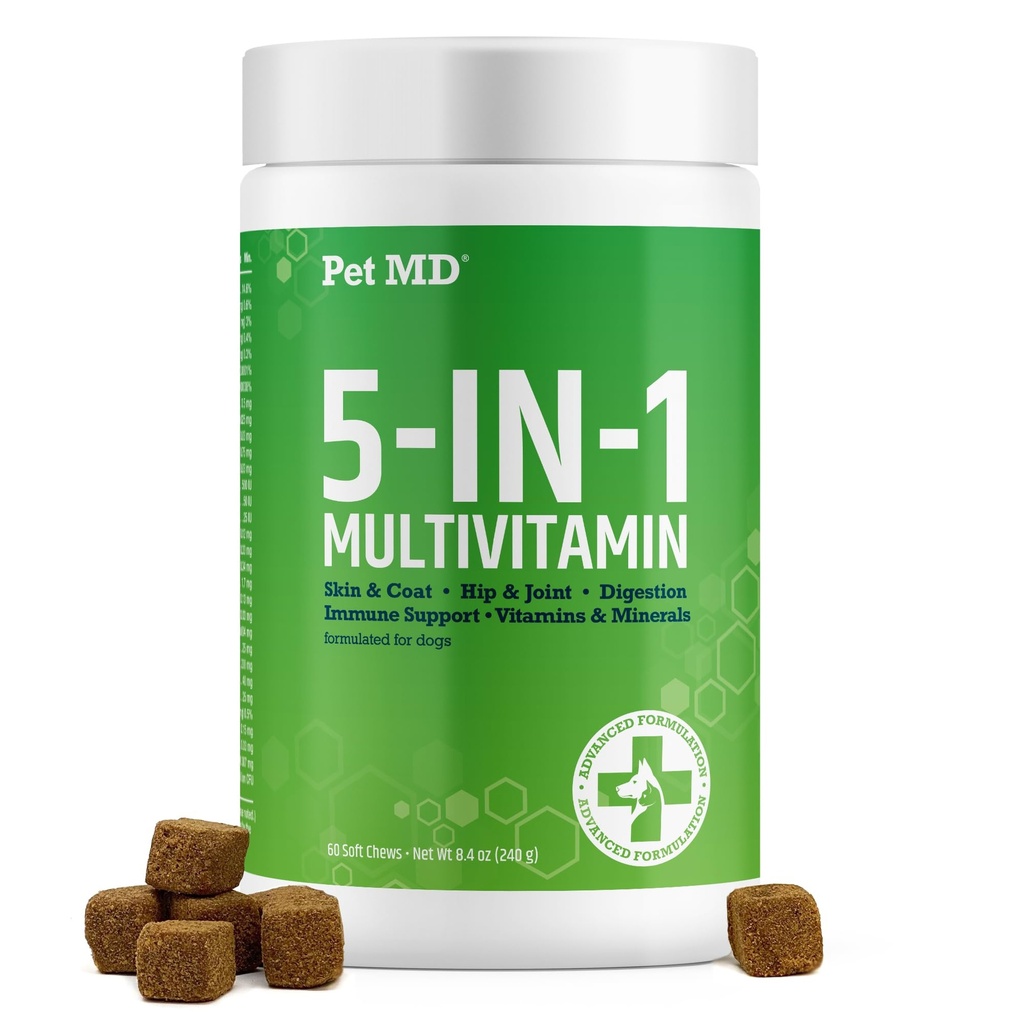 Pet MD 5in1 Dog Multivitamin - 30 Escalypse Vitamin, Mineral & Nutrients for Skin & Coat, Hip & Gabungan, Dibuble, Senior Dog & Puppy Vitamin - Glucotamine, Omega 3 6 9, & Program- 60ct
