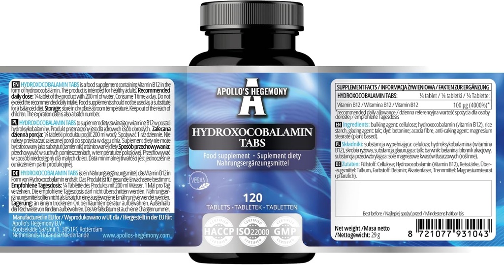 Hydroxobalamin 100 £100 per Serving - Vitamin B12- 120 Vegan Tablet - 480 Servings - Supports Nerve System and Reduces Fatigue - Dietary Supplemen oleh Apollo 's Hegemony