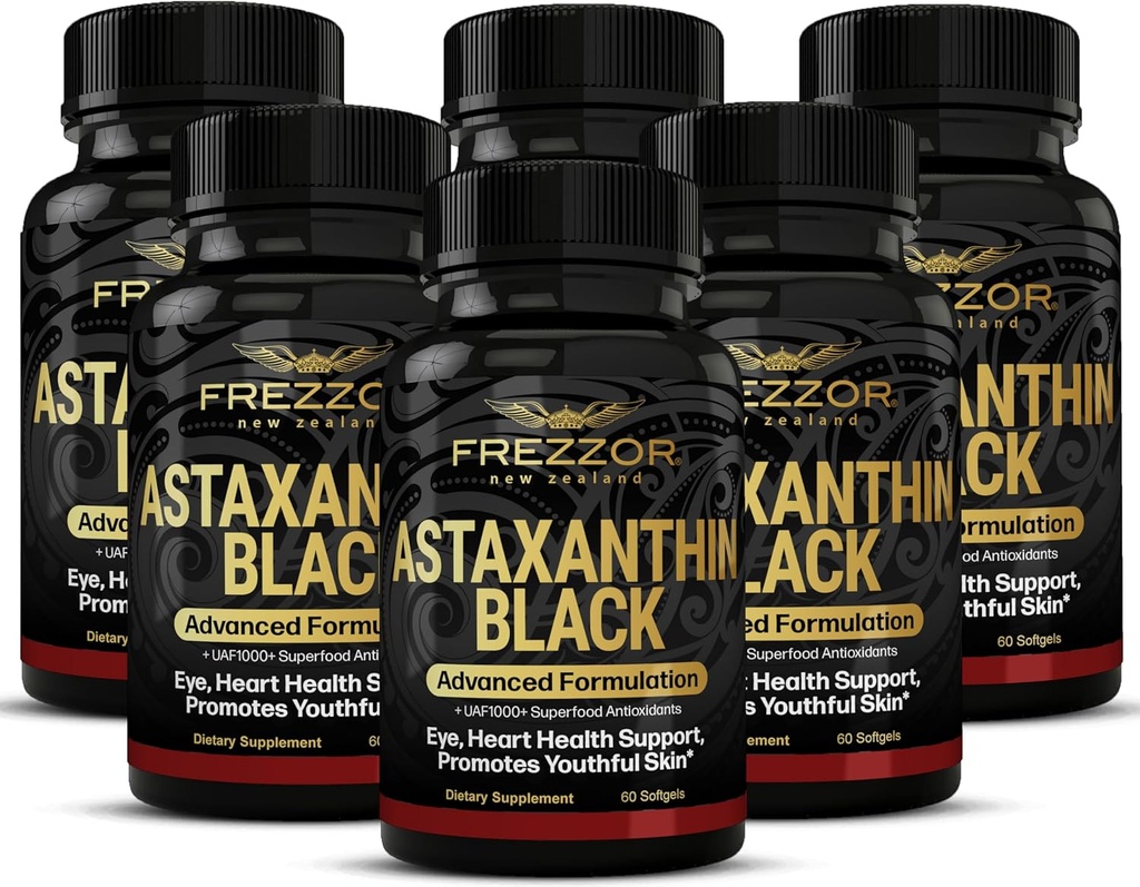 FREZZOR Astaxanthin Black dengan UAF1000 + Super Antioksidant, Support Heart, Eye & Brain Health, Anti- Aging Skincare & Cellular Protection, 12mg Astaxanthin per Serve, 360 Softgels, 6 Bulan Suppply