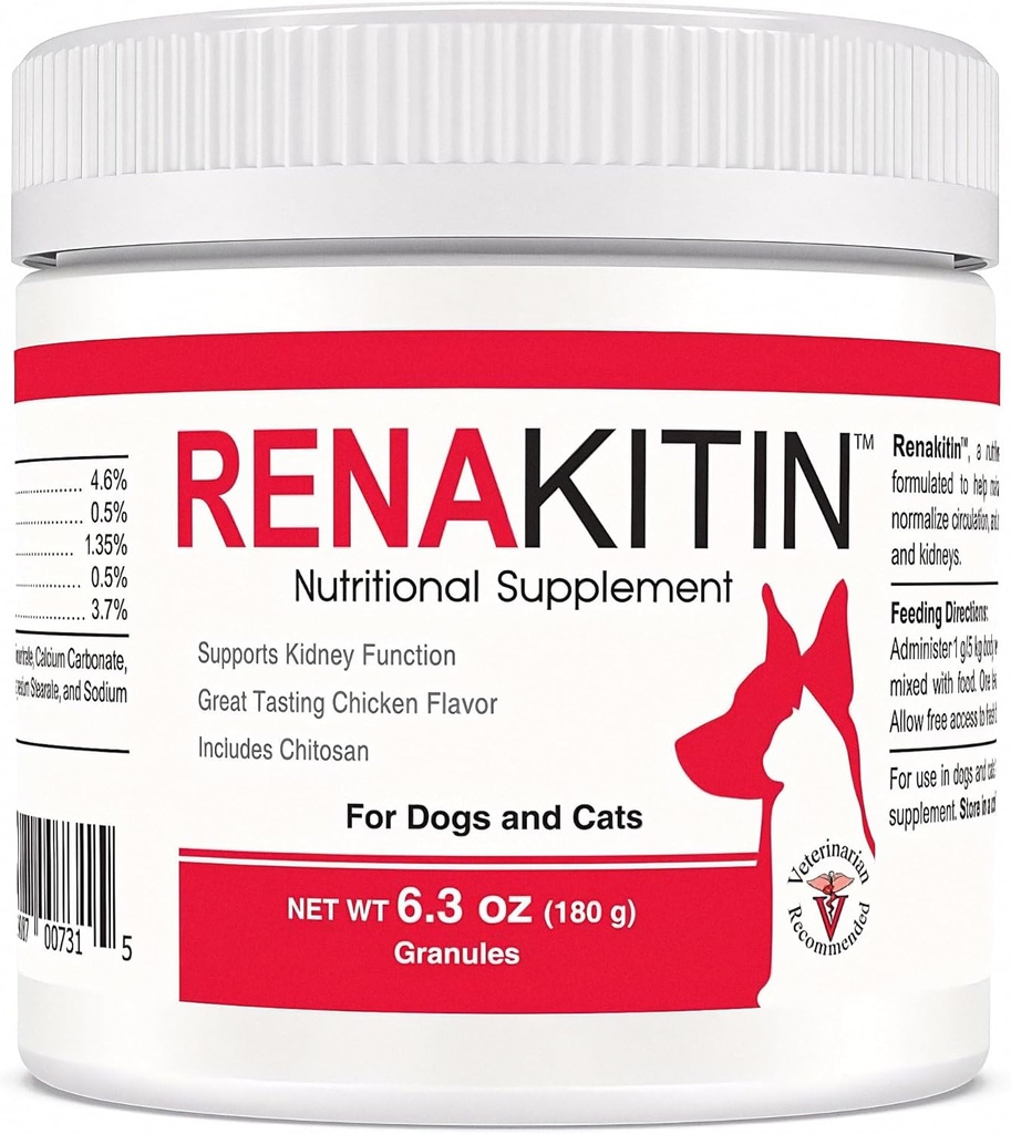 Suplemen Renakin Kidney untuk Kucing Anjing - Berisi Chitosan & Kalsium Karbonat, Dukung Fungsi Optimal Ginney, Great Tasting Chicken Flavor, 6.3 oz