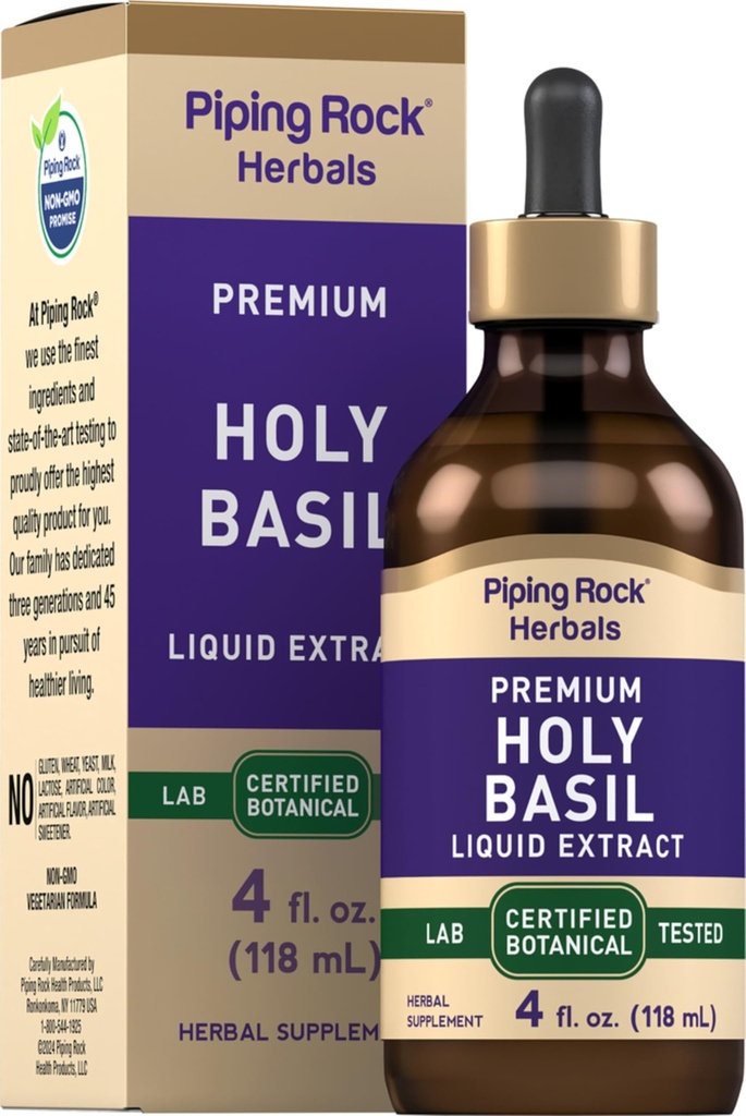 Piping Rock Holy Basil Liquid Extract 124; 4 Fl Oz 124; Tulsi Leaf Tincture 124; Vegetarian, Non-GMO, Gluten Free Suplemen