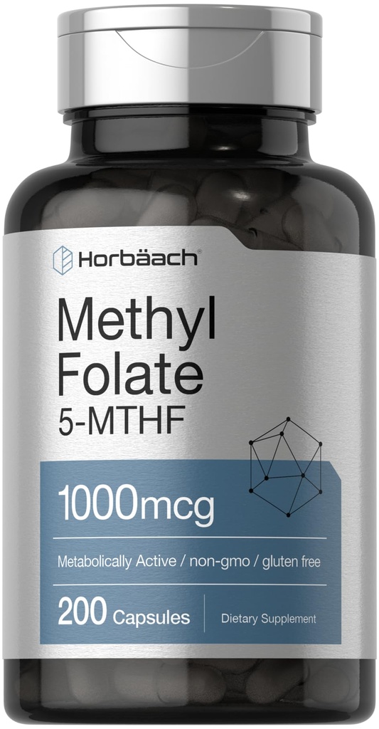 Horbäach Metil Folate Supplement 12.4; 1000 mcg 124; 200 Capsules 14; 5- MTHF 124; Folic Acid 124; Non-GMO, Gluten Free Methylfolate