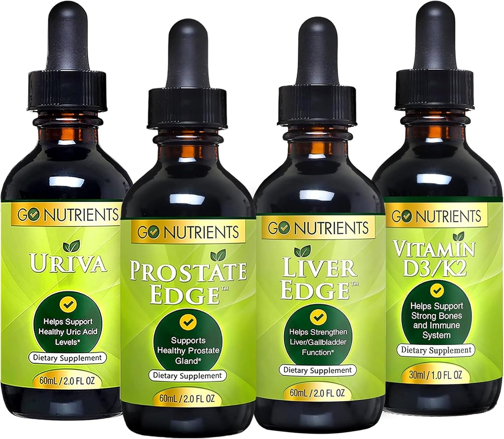Go Nutrients Men 's Health Bundle - Vitamin D3 / K2, Liver Edge, Prostate Edge, Uriva - Dukungan Comprehensive untuk Bone, Liver, Prostate, dan Uric Acid Health - Boosts Energy, Vitalitas, dan Pertahanan Tubuh