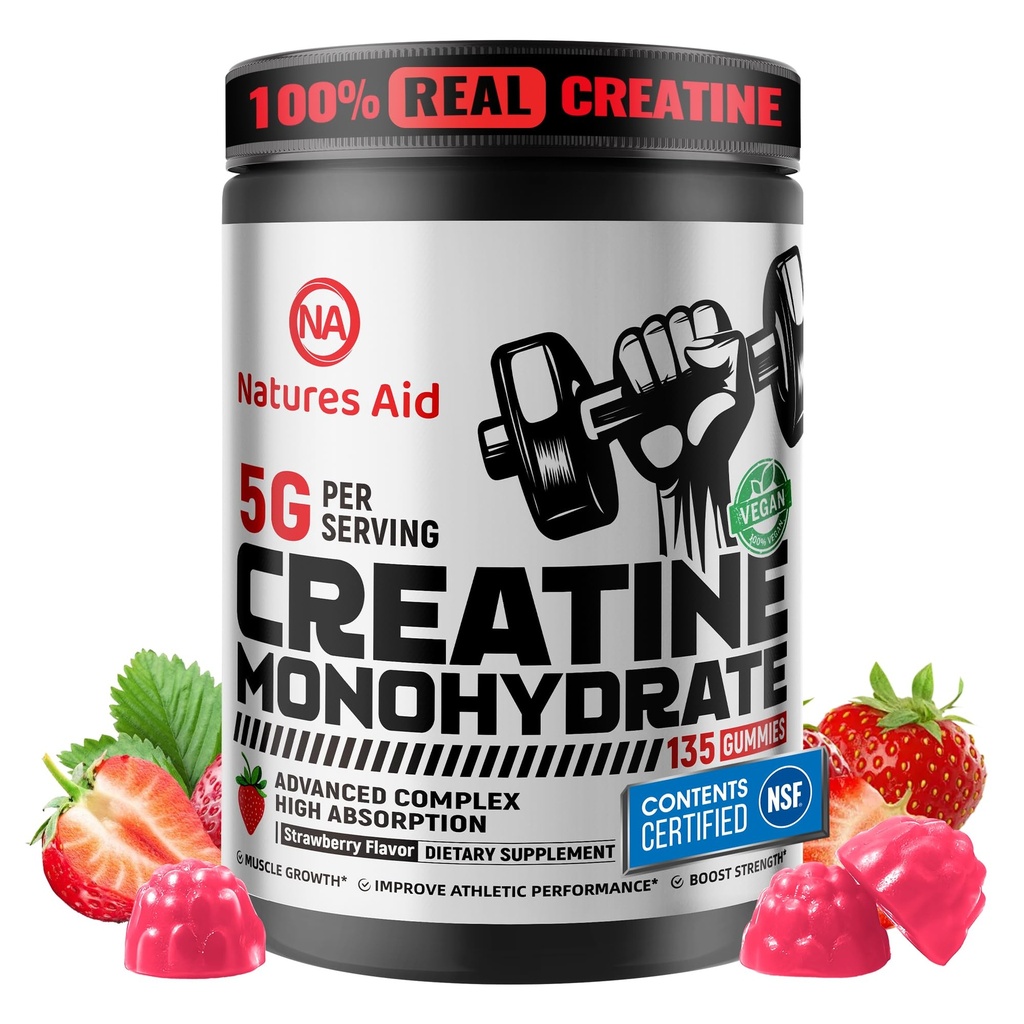 Nature Aid Creatine Monohydrate Gummies (5g) - Pre-Workout Energy & Muscle Growth for Men & Women 124; Strawberry Electrolite Gummies (135 Count)