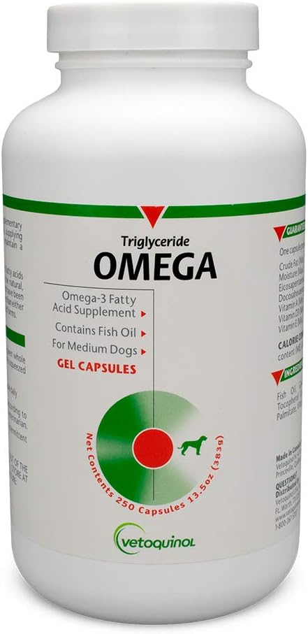Vetoquinol Triglyceride Omega Dog Supplement Capsules, Medium- Breed: 30- 60 lbs, 250ct