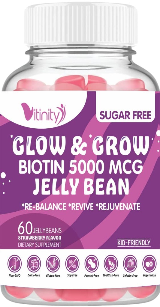 VITINITY Biotin 5000 Mcg Ekstra Vegetarian (Vitamin B) Sugar- Free Sugar- Free Sugerment-Healthier Hair & Skin - Perempuan & Men 60 Veggie Sugar- Free Jelly Beans (30 Day Supply)