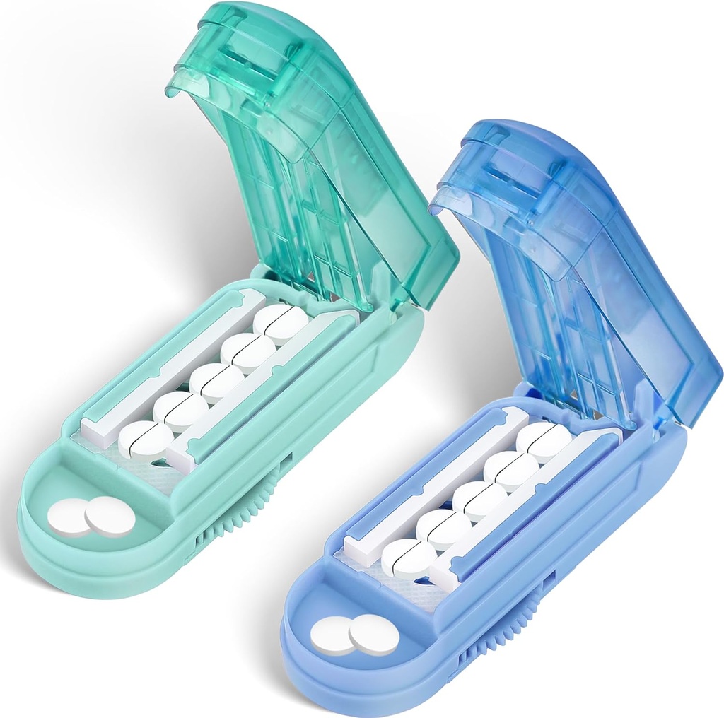 DUBSTAR 2PCS Pill Cutter Splits for Small and Tiny Pill Cutters for Small or Large Pills, Adjustable Pill Splitter with Cinding Device and Blade Guard (Blue + Cyan)