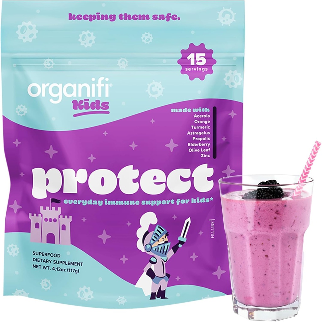 Perlindungan Anak-Anak Organifi - Dukungan kekebalan setiap hari untuk Anak-anak dengan Elderberry, Acerola Cherry dan Zinc - Berry Flavared Amunity Poader - Tanaman - berbasis, Vegan, dan Tanpa Gluten, Dairy atau Soy - 15 Pelayan