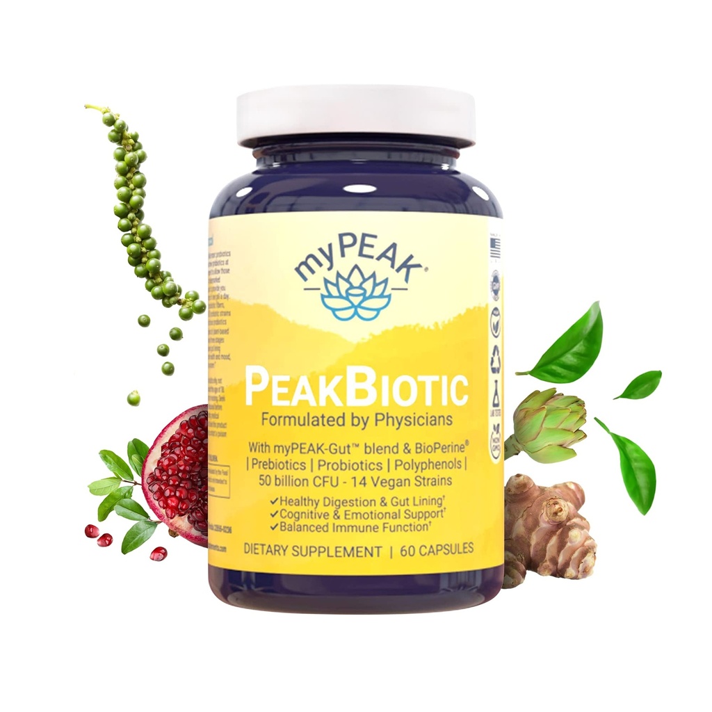 MyPEAK PeakBiotic: Synbiotic Vegan Ultimate dengan 50 Milyar CFU Propocular Pregories Modelets and Gut Lining to Enhance Ditrable, Skin, and Mood with 2- Month Capsules, 60 Capsules