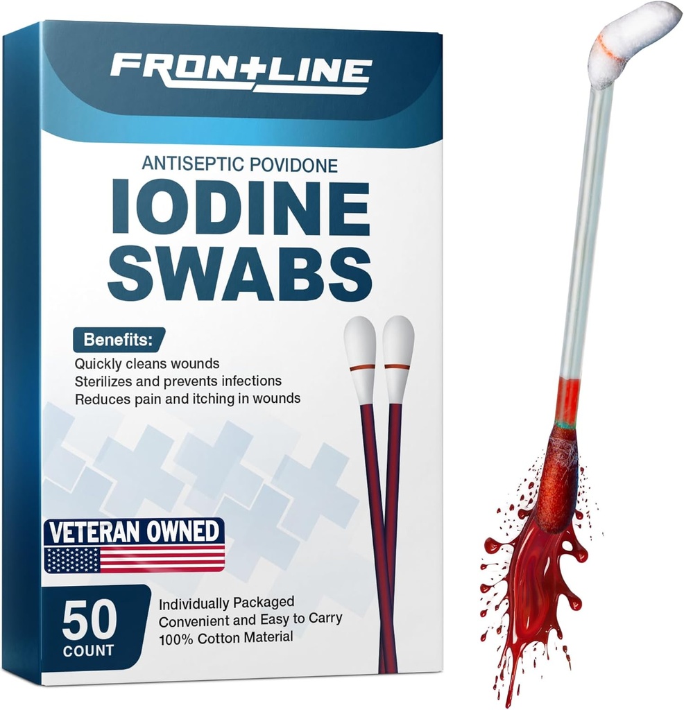 FrontLine Povidone Iodin Swabs, Antiseptic Swabsticks, Idein Solution, Cleansing Cotton Swab, Individually Wraped Medical Supplies, Wound Care, Aid Pertama, Wound Cleaner, Box 50