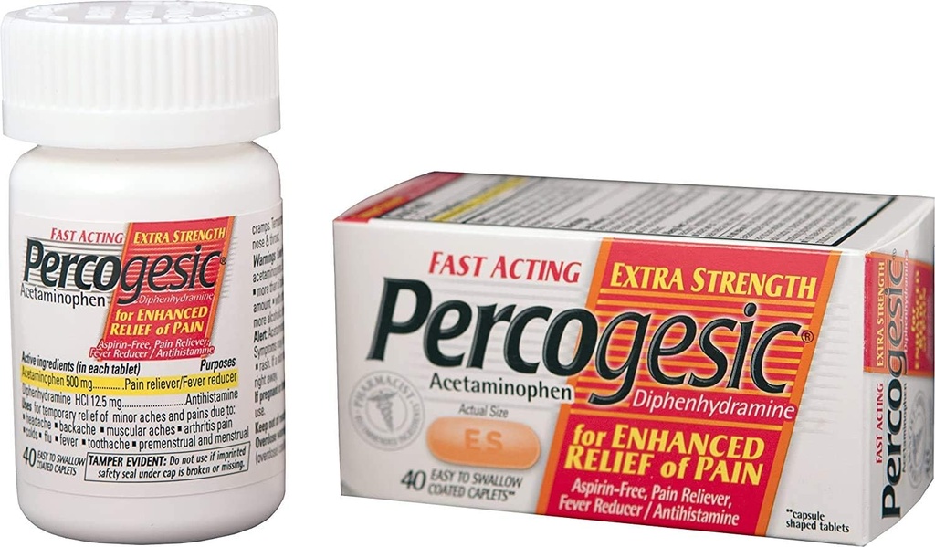 Percogesic Aspirin Free Pain Relief Tablet, Extra Strength, Acetaminophen dan Diphenhydramine, 40 ct (Paket 1)