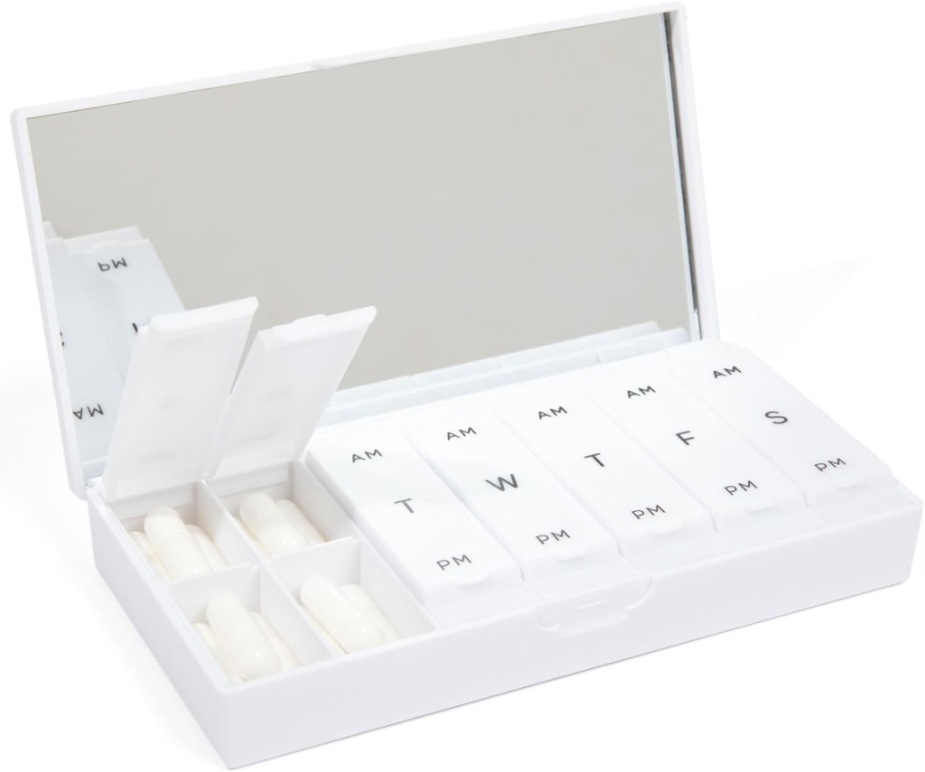 PORT X Polyish Designer Weekly Box Organizer Kotak Pill (AM / PM 2X Daily, Crisp White) Compact, Stylish 7-Day Proplement Case Vitamin 124; Cute Portable Mini Travel Medical Carrier 124; BPA-Free Pilbox Caddy