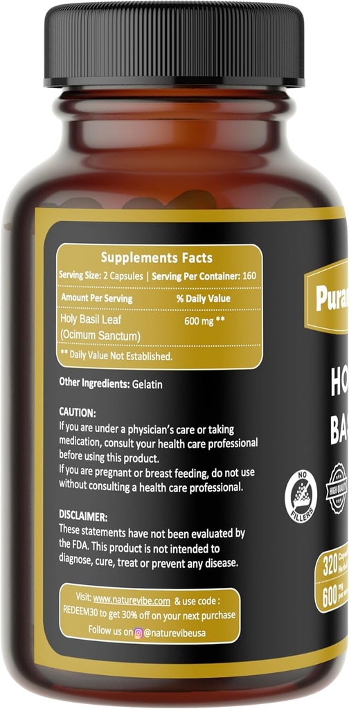 Holy Basil Premium 320 Capsules Non GMO dan Gluten Free Explement 124; Herbal Supplemen 126 mg Per Serving 124; Dibuat dengan 100% Murni Herb Holy Basil Leaf