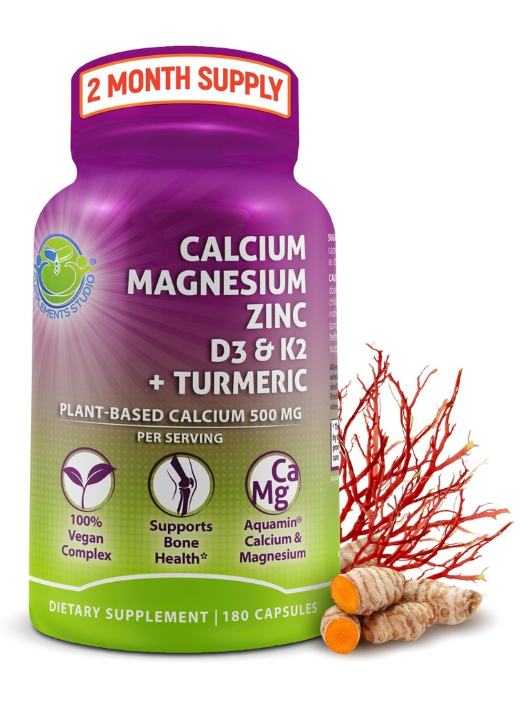 Plant-Based Calcium 500mg (Aquamin) - Vegan Kalsium Magnesium Zinc D3 dengan Vitamin K2 & Organic Turmeric - Enhanced Bone and Muscle Health & Kekuatan, Hamilune Dukungan Perempuan & Pria - 180 Cacah