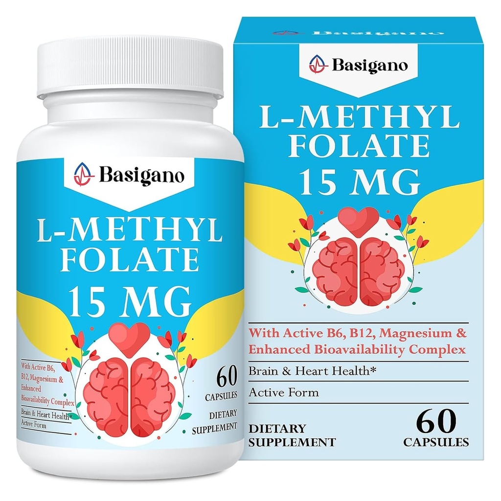 15mg L Methylfolat (5- MTHF) - Active Folic Acid- Enriched with Vitamin B6 dan B12-60 Vegetarian Capsules - Non-GMO, Gluten- Free