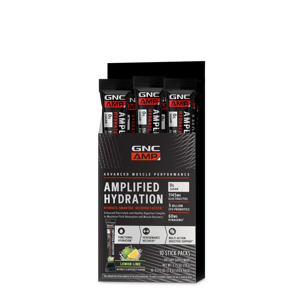 GNC AMP amplified Hydration Electrolyte Powder Drink Mix 124; Enhanced Electrolite & Heally Dicontable Complex, 124; Lemon Lime 12410