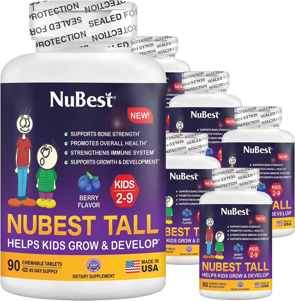 NUBest Tall Kids - Toddlers Vitamin dan Kid Vitamin for Age 2 sampai 9 - Dukung Bone Strongth, Overall Health and Imunity Shape - 540 Berry Bery Tablet 124; Pack 6