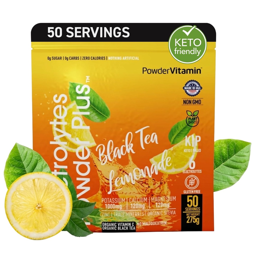 Electrolytes powder Plus (50 pelayan) Black Tea Lemonade Electrolite Powder Zero Calorie Keto, 0 Sugar, No Maltodextrin, 1000mg Potasium, 120 mg Calcium, 120mg Magnesium, Hidration Popper