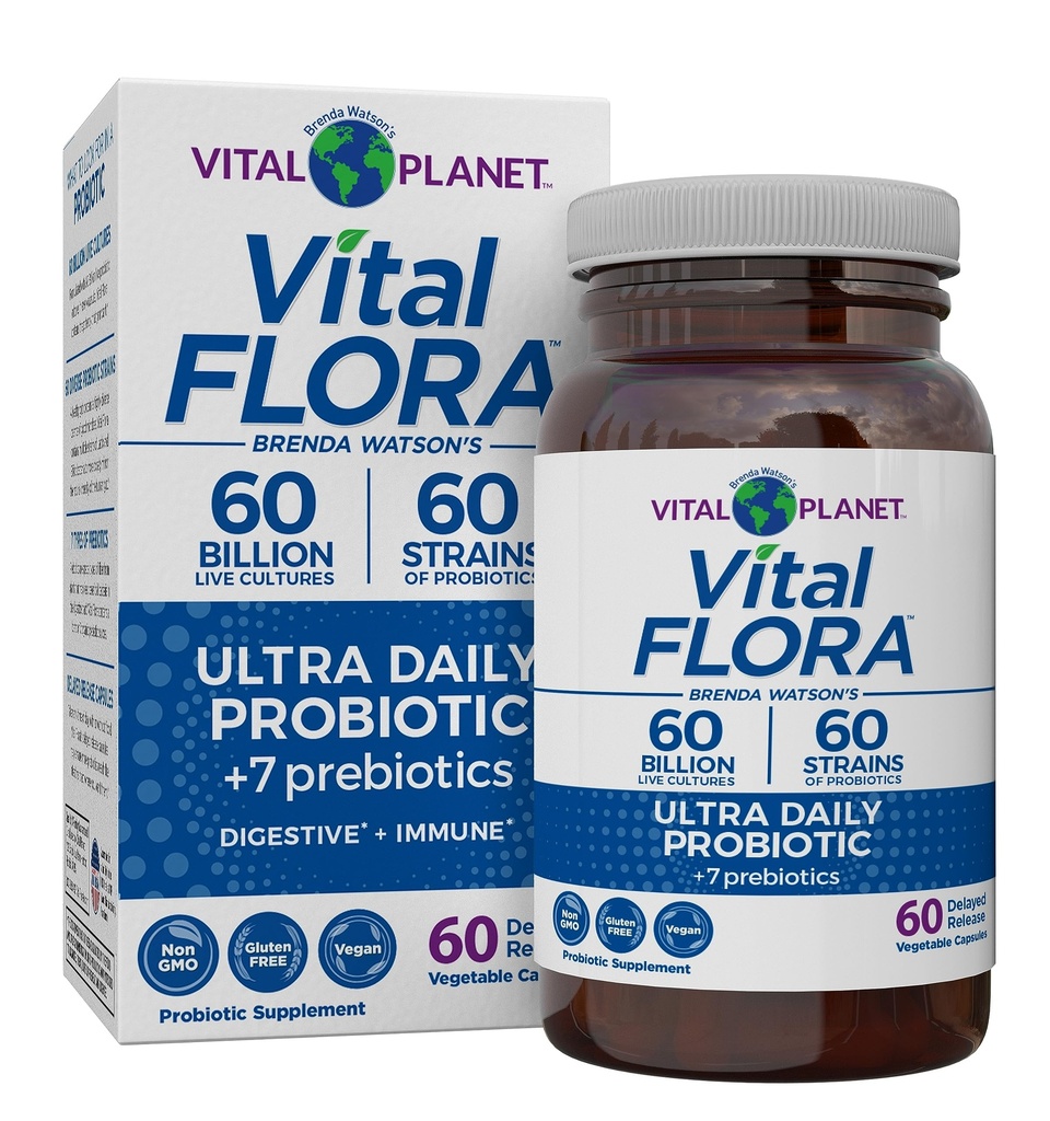 Planet Vital - Vital Flora Ultra Daily Probiotic 60 Milyar CFU, Strains Diverse, Prebiotik Organik, Dukungan Imune, Bantuan Bloting Relief, Program Kesehatan Digetical untuk Perempuan dan Pria 60 Kasules