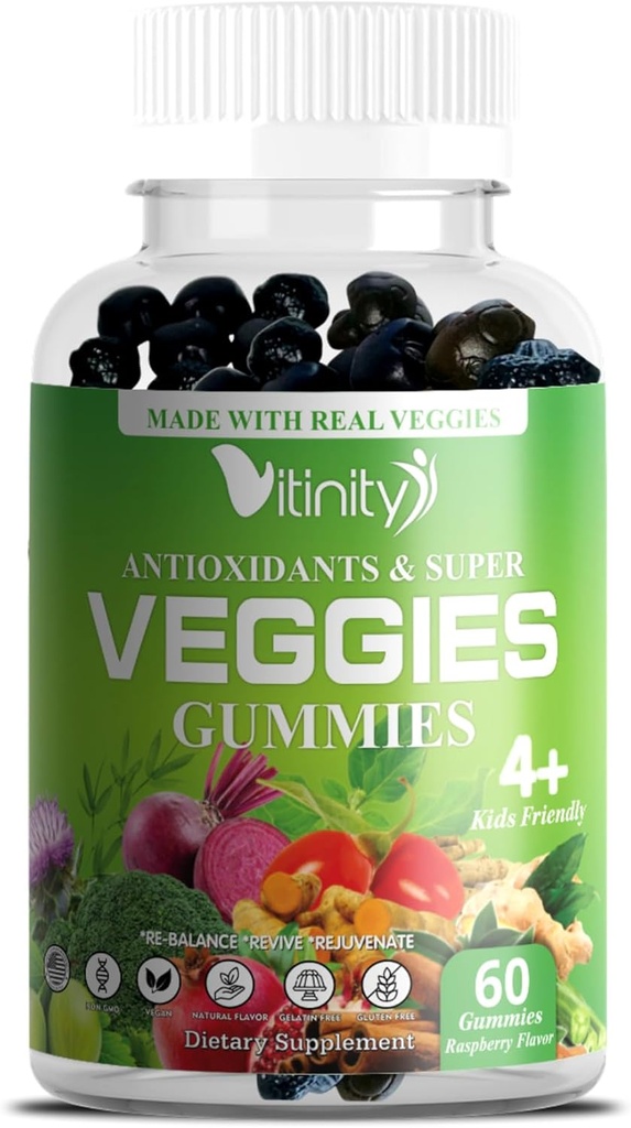 VITINITY Dibuat dengan Real Super Veggies Delicious Gummy Suplement, Men, Women & Kids (60 Chews), 30 Vegies, Herbs, Fruit dan Vegetable Vitamin, Non-GMO, Pectin- Based, Gluten- Free, No More Pills (30 Hari Supply)