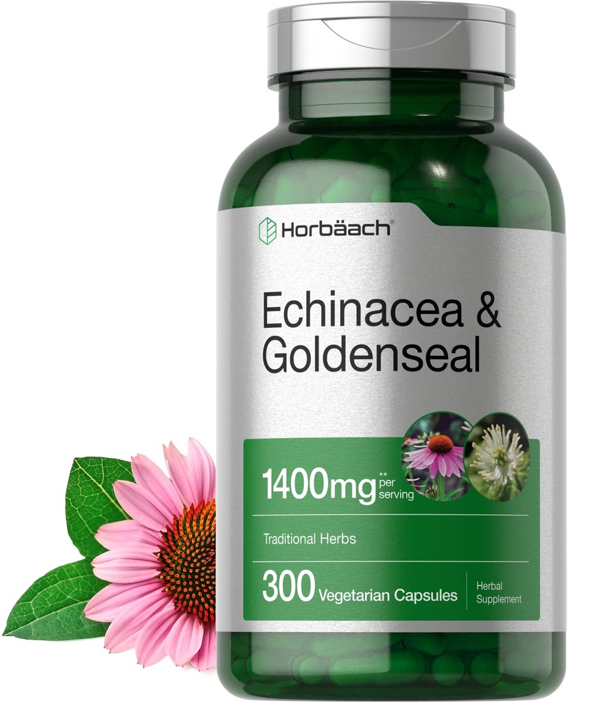 Horbäach Echinacea Goldenseal Capsules 124; 1400mg 124; 300 Count 124; Vegetarian, Non-GMO, Gluten Free Extract Supplemen
