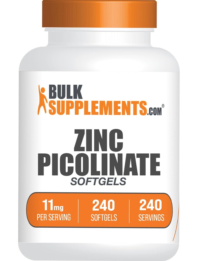 BulkSuplements.com Zinc Picolinate Softgels - Zinc 11mg, untuk dukungan Imune, Gluten Free - 1 Softgel per Serving, 240 Count (Pack of 1)