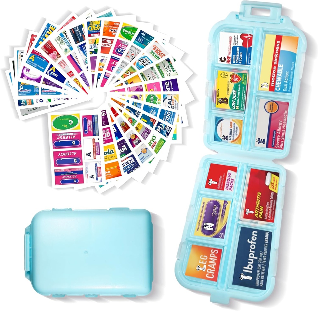 Pill Organizer dengan Medicine Label 161 Label Travel Daily Pill Container Mini Medication Organizer Travel Pill Organizer Case Pill 7 (Blue, 1 Pack)