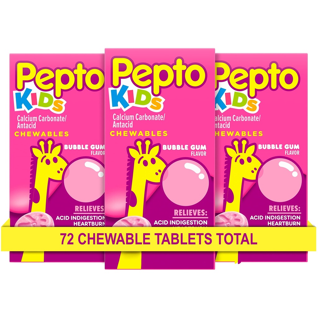 Ppto Kid 's Chewable Tablets for Heartburn, Acid Intervention, Sour Stomach, and Upset Stomach, Bubblegum Flavor, 72 Total (3 Packs 24)