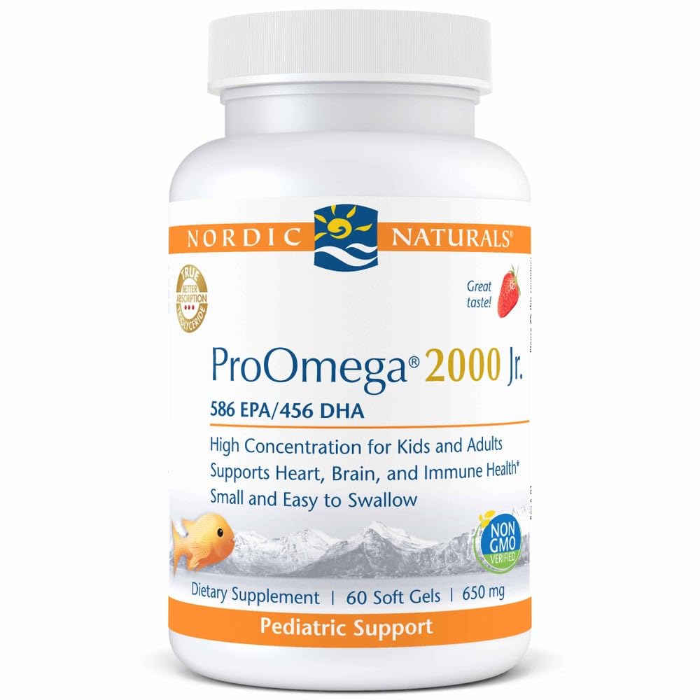Nordic ProOmega 2000 Jr., Strawberry Flavor - 60 Soft Gels - 1120 mg Omega-3 - Ultra Powerfish Oil - EPA & DHA - Promotes Brain, Heart, & Imune Kesehatan - Non-GMO - 30 Pelayan