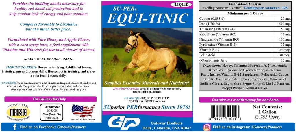 Su- PER Equil- Minerals Horse Support - Estications Mineces and Nutrients for Healthy Blood Cells & Energy - 1 Gallon