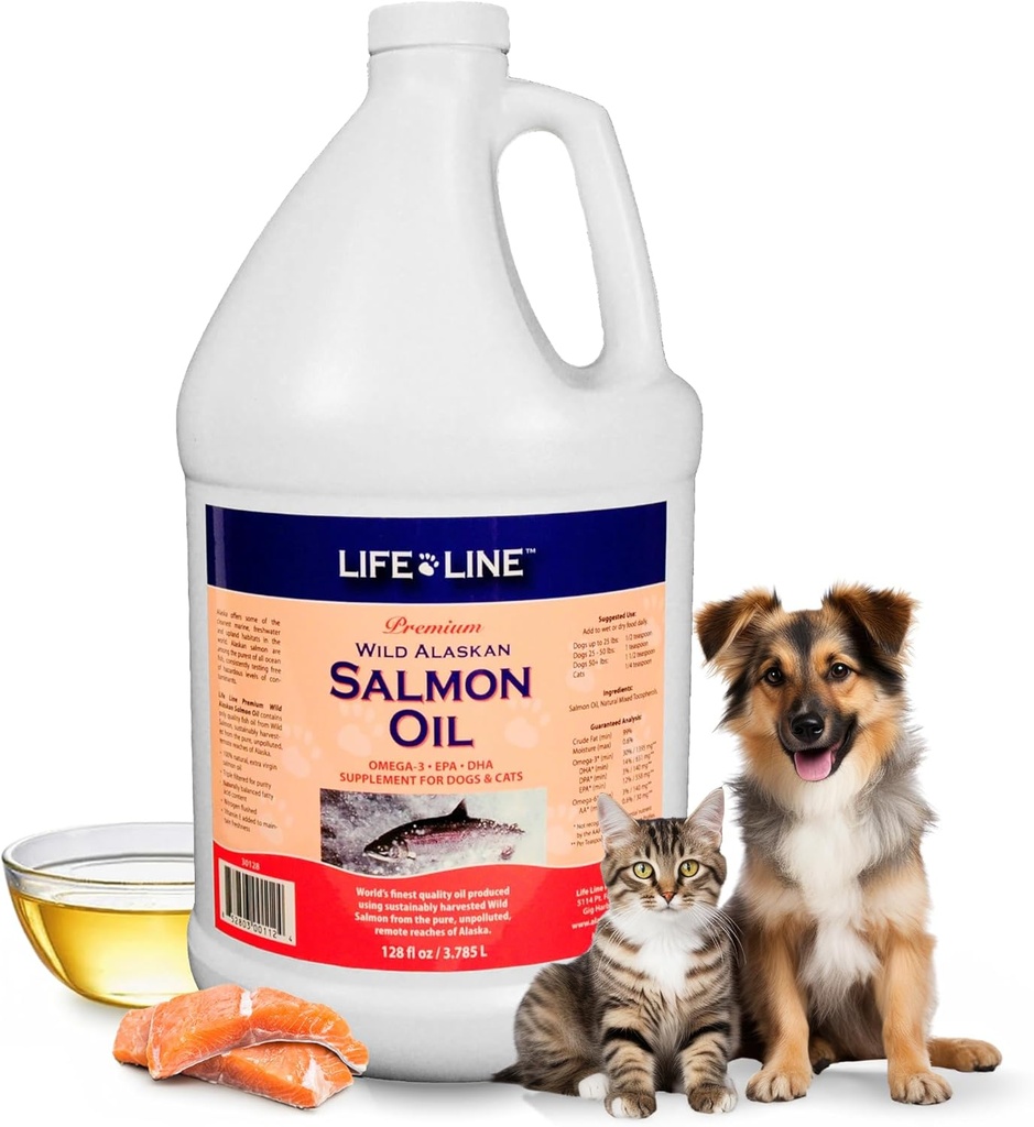 Life Line Wild Alaska Salmon Oil for Dogs & Cats 124; Omega-3 Fish Oil Suplement for Skin Health, Shiny Coat & Joint Support - 128 oz