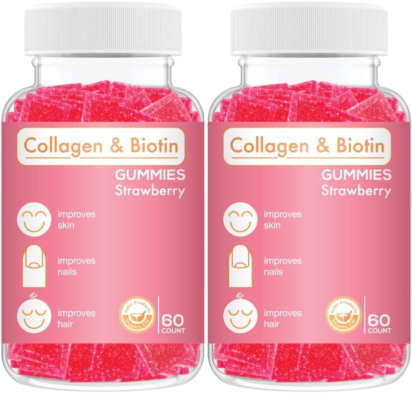Colagen Biotin Gummies - Support Hair, Skin & Nails Hair Growth Anti Aging Care Gummy Vitamin, Vegan, Non-GMO, Gluten Free, Gelatin Strawberry Flavor 120, Pink