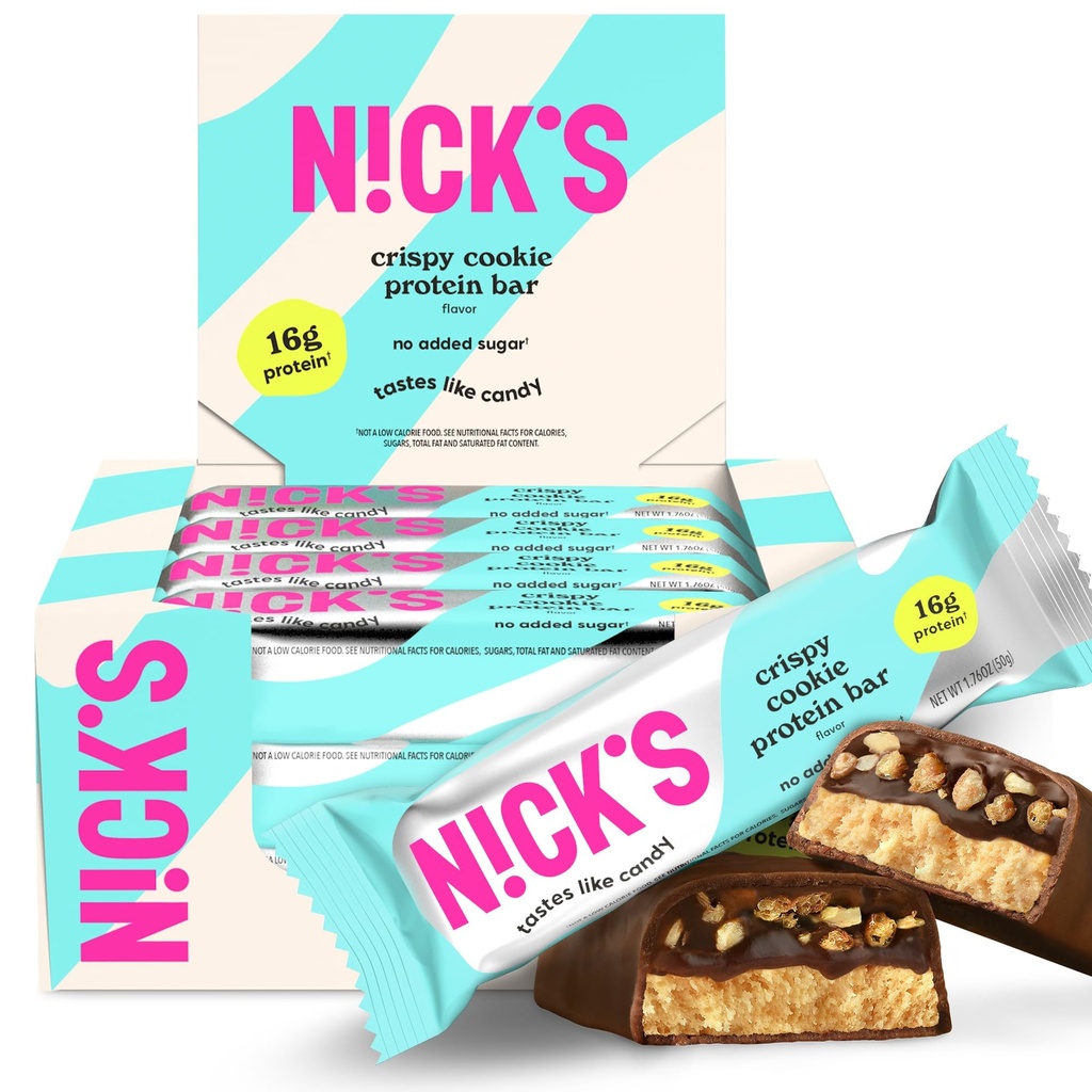 Chocolate Cookie Crispy Nick 's Bars, High Protein, Low Calories, Low Carb, Keto Friendly Snacks No Sugar (Multipack 12 bar x 50g), Crispy Cookie Tastes